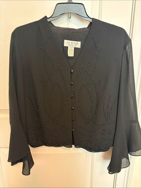 J.R. Nites Black Beaded Button-Front Women's Blouse